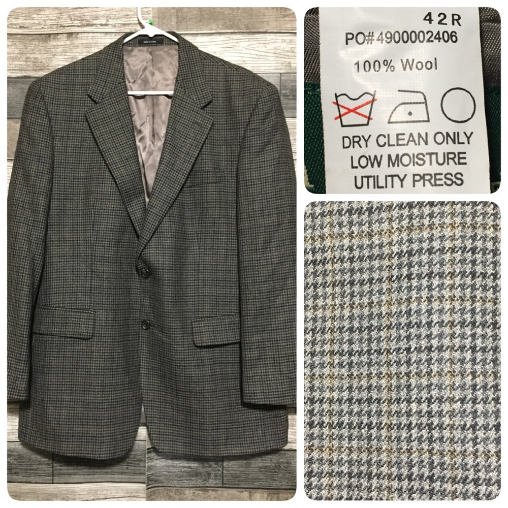 Lauren Ralph Lauren Houndstooth 100% Wool Blazer Jacket Men’s 42R Gray 2 Button